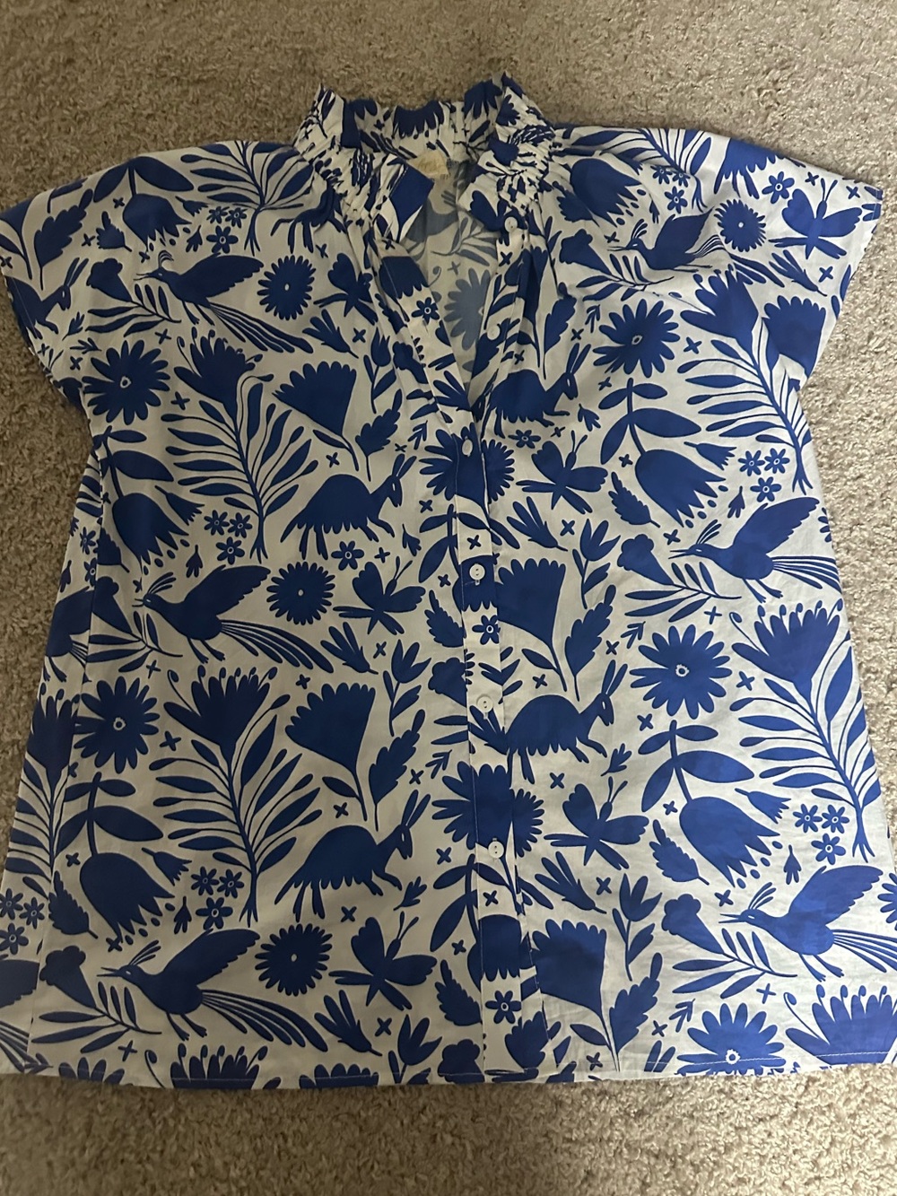 Layerz Blue Otomi Print Ruffle-Neck Blouse Size L  vibrant and fun!